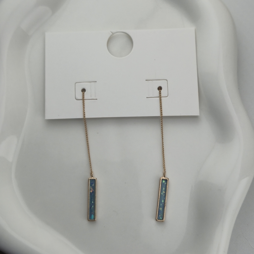 Gold Threader Earrings with Blue Opal-Style Inlay | Minimal Dangles - Picture 3 of 3